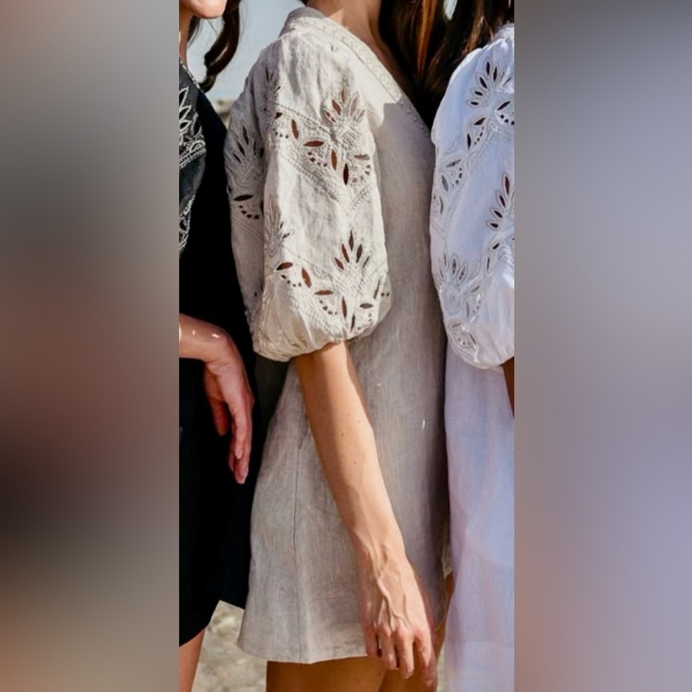 Scarlett Poppies -Elegant Embroidered Volume Sleeve Natural Linen Mini Dress - Picture 2 of 5